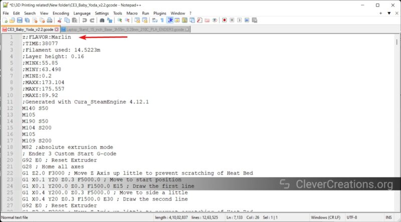 A screenshot of Marlin G-code flavor in Notepad++