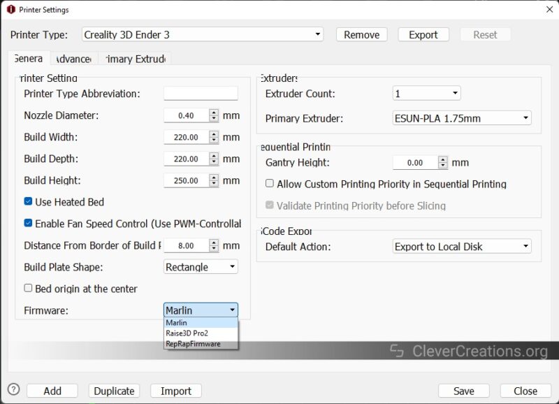 A screenshot of the Creality Ender 3 slicer printer settings.