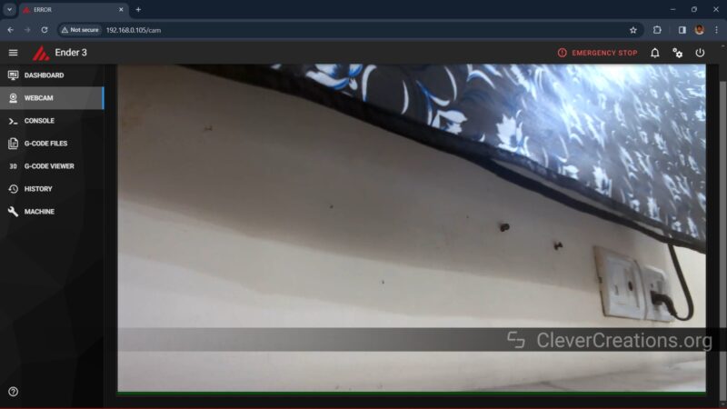 Screenshot of a visible USB camera stream in Klipper.