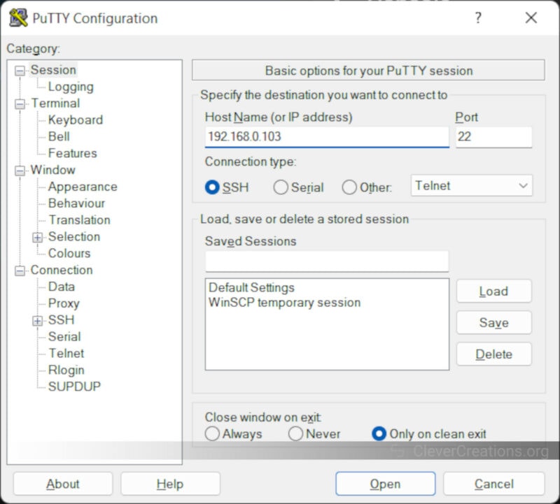 Screenshot of PuTTY connecting to Klipper.