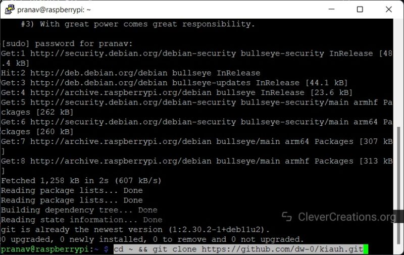 Screenshot of KIAUH installation on a Raspberry Pi through SSH.