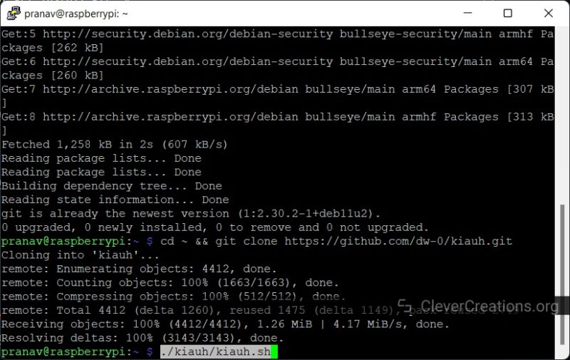 Screenshot of KIAUH installation progress on a Raspberry Pi through SSH.