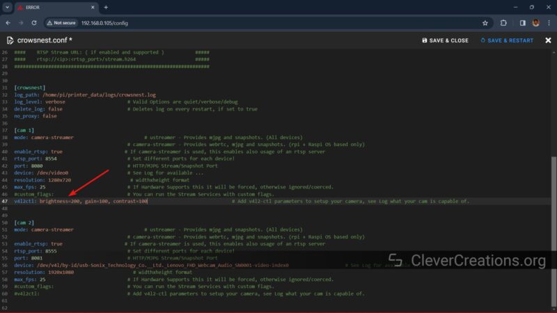 Screenshot of the crowsnest.conf file open in a browser.