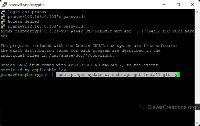 Screenshot of git installation on a Raspberry Pi.