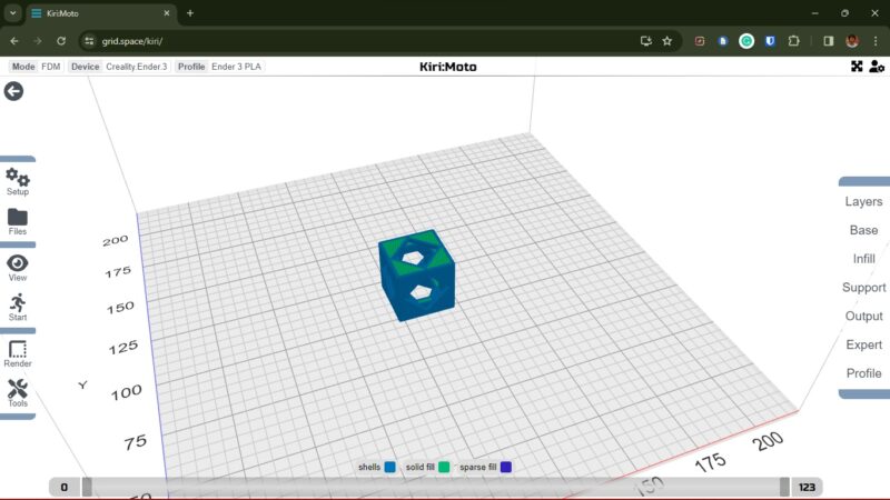 A screenshot of Kiri:Moto with a calibration cube in its model viewer.