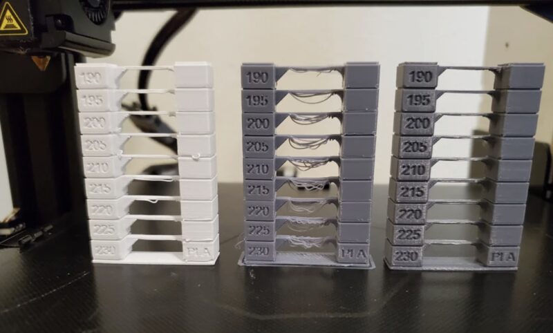 Multiple temperature towers used to find the correct ABS print temperature.