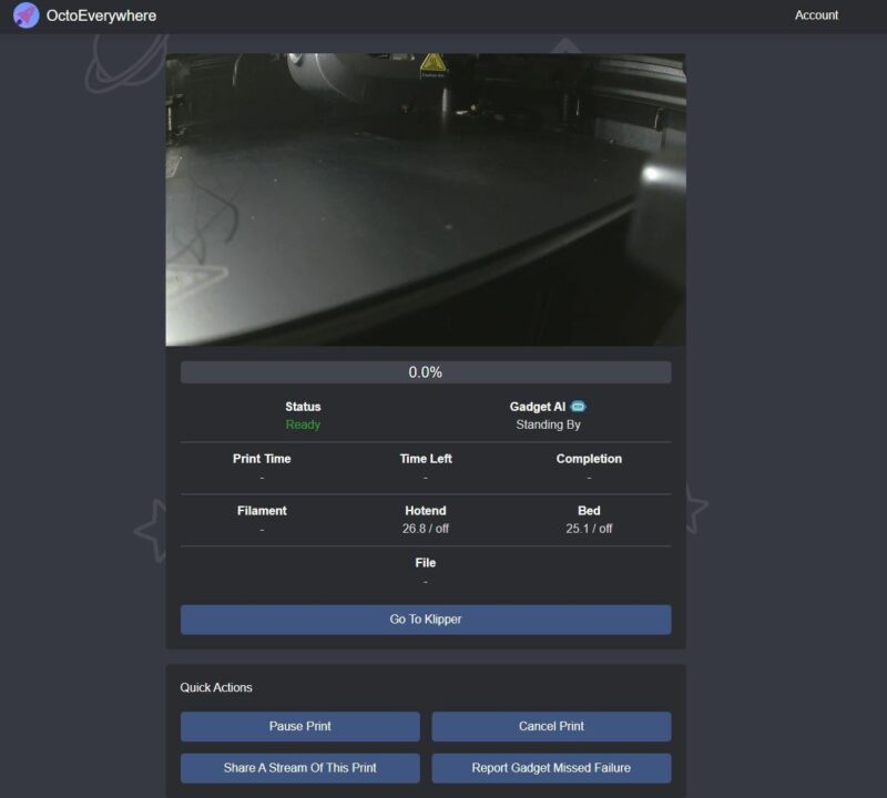 Screenshot of the OctoEverywhere interface with a video stream.