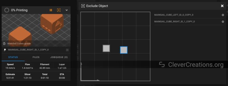Screenshot of the Exclude Objects Klipper addon.
