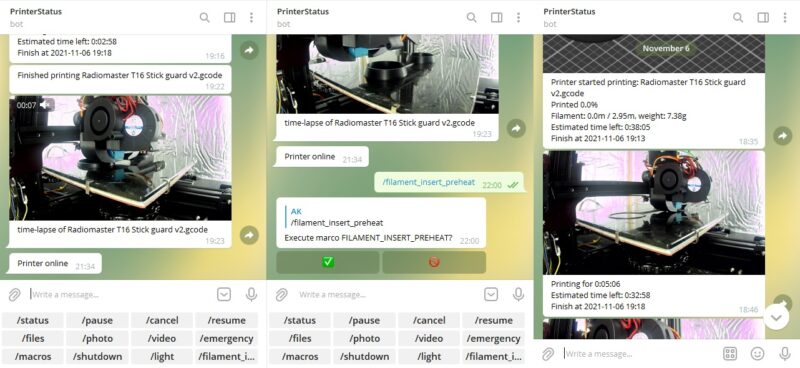 Screenshots of the Moonraker Telegram bot - one of the Klipper plugins for remotely accessing your 3D printer.