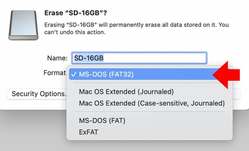 A screenshot showing how to format an SD card to FAT32 on Mac.