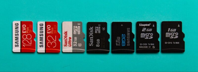 A collection of micro-SD cards in various sizes.