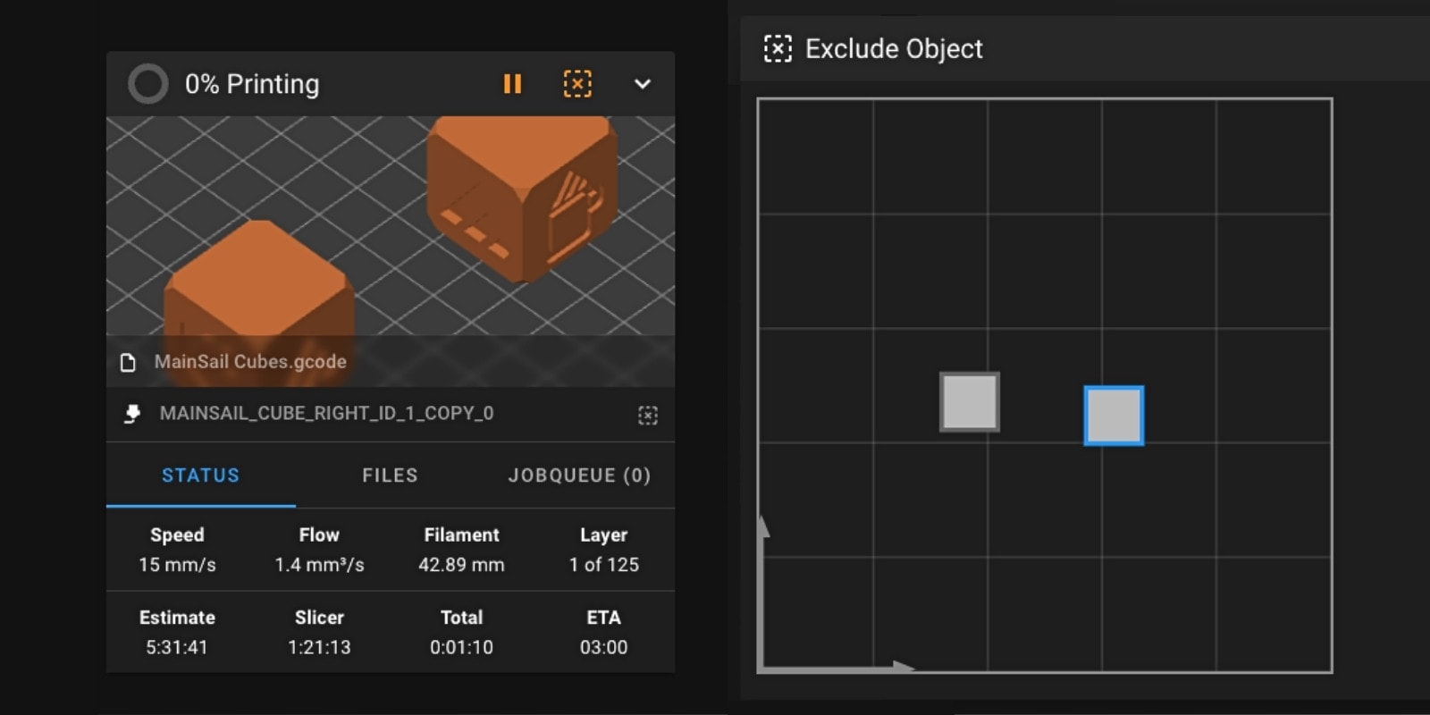 A screenshot of the 'Exclude Object' Klipper plugin/addon while 3D printing two cubes.