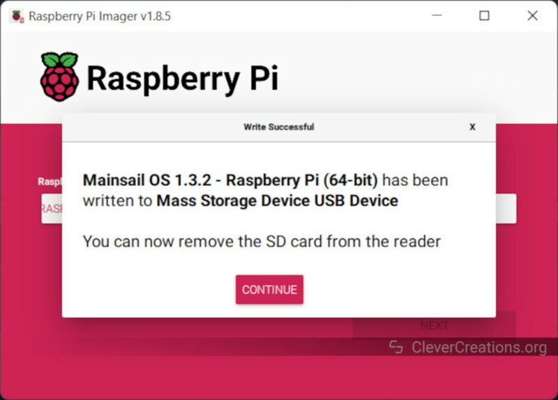 Screenshot of a successful Mainsail OS installation message.