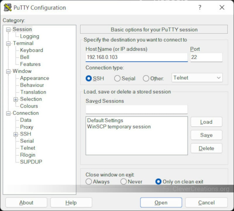 Screenshot of a PuTTy Configuration login settings window.