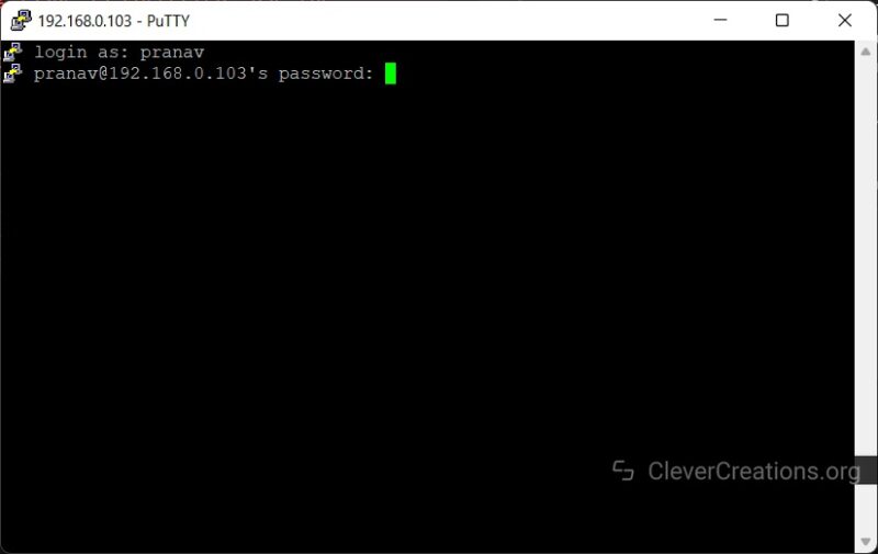 Screenshot of a Raspberry Pi login window through PuTTy.