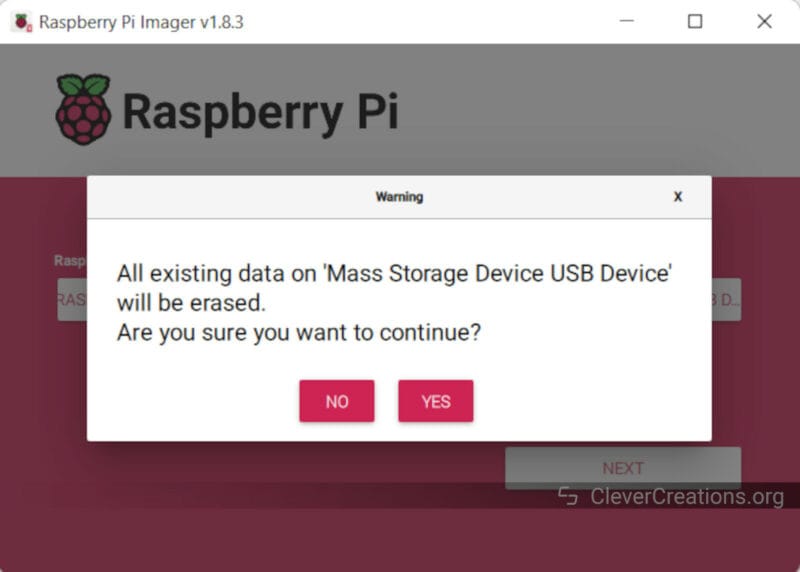 Screenshot of Erasing SD Card on the Raspberry Pi Imager Installation.