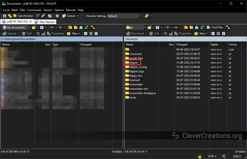 Screenshot of WinSCP showing the Klipper folder on the Rasberry Pi.