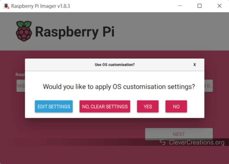 Screenshot of Raspberry Pi Imager OS Customization settings.
