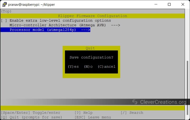 Screenshot of Klipper firmware configuration during installation.