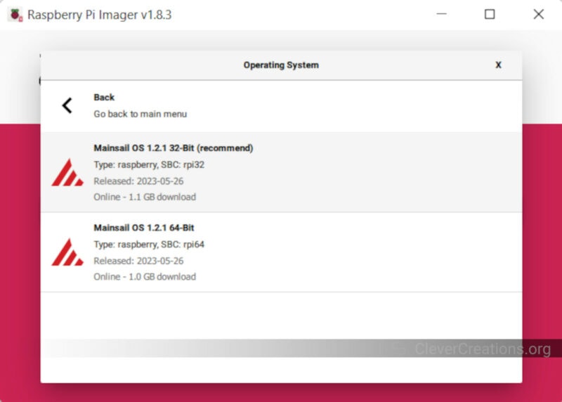 Screenshot of Raspberry Pi Imager.