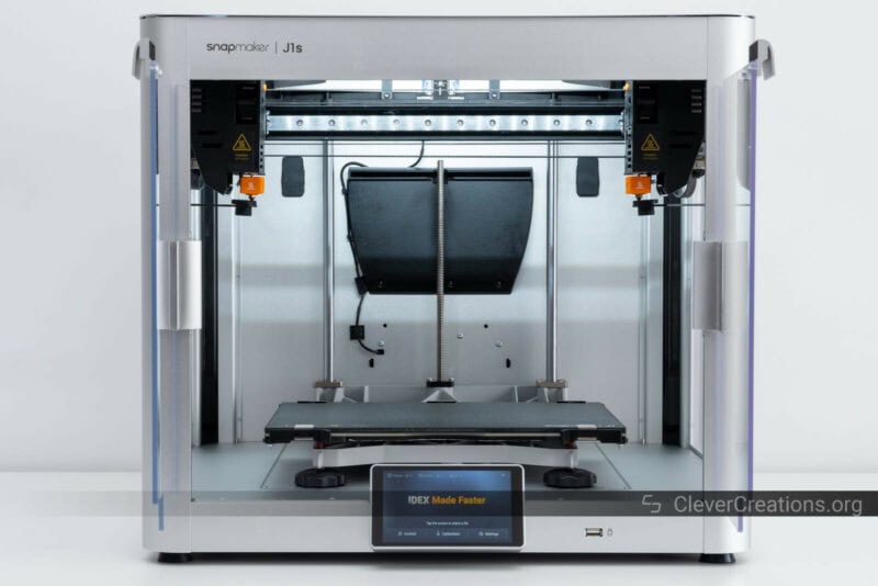 Front view of the Snapmaker J1s IDEX printer.