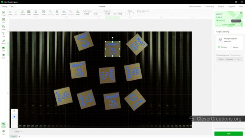 Screenshot of xTool Creative Space with the batch engraving feature being used to align several designs with multiple pieces of material.