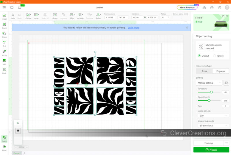 A screenshot of xTool Creative Space with a flipped and rotated design for screen printing.