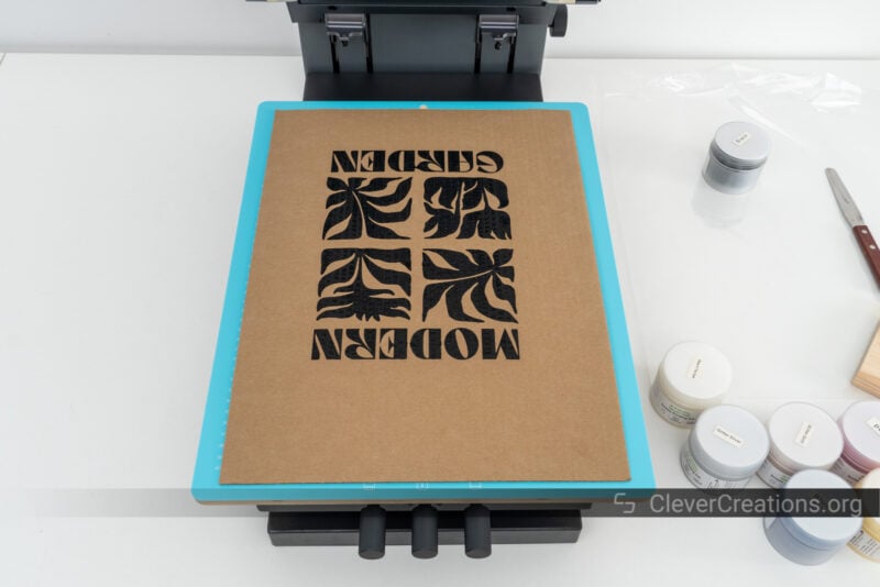 A piece of carton with 'Modern Garden' design that was printed with the xTool Screen Printer.