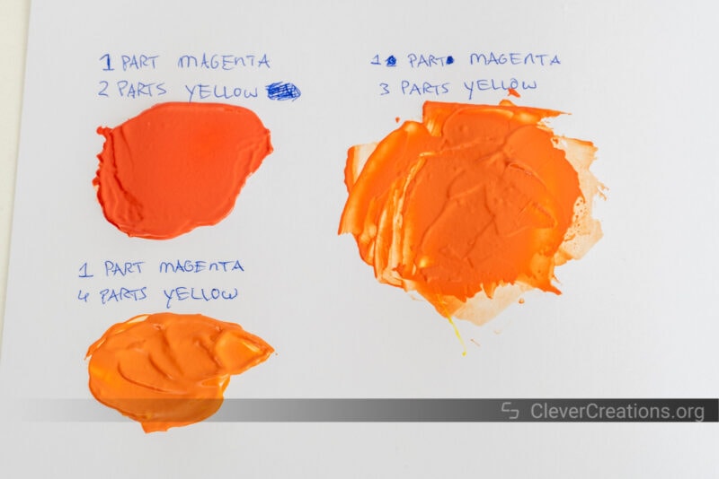 Various shades of orange paint created by mixing magenta and yellow paint.