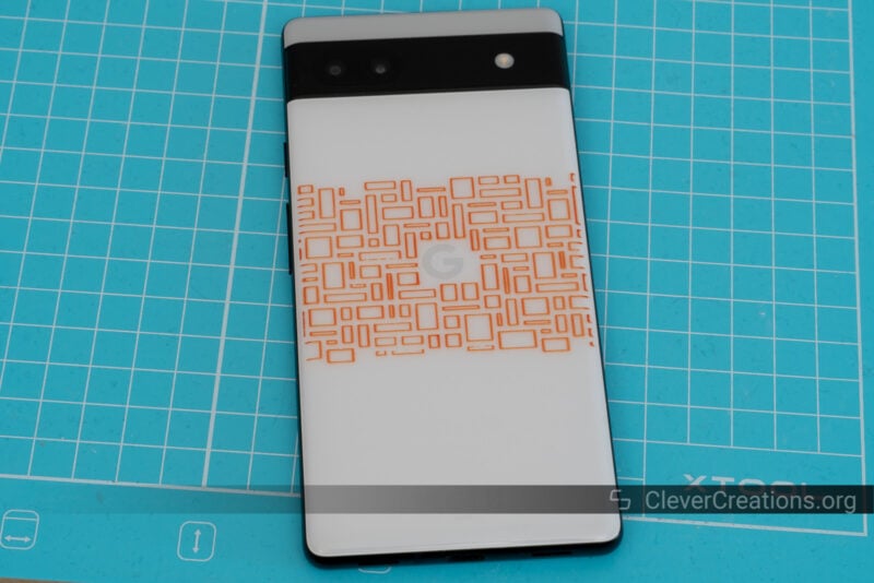 A Google Pixel 6a phone that has been painted through screen printing.