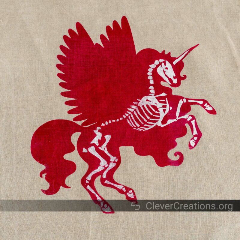 A two-color screen print with a red unicorn and a white skeleton.