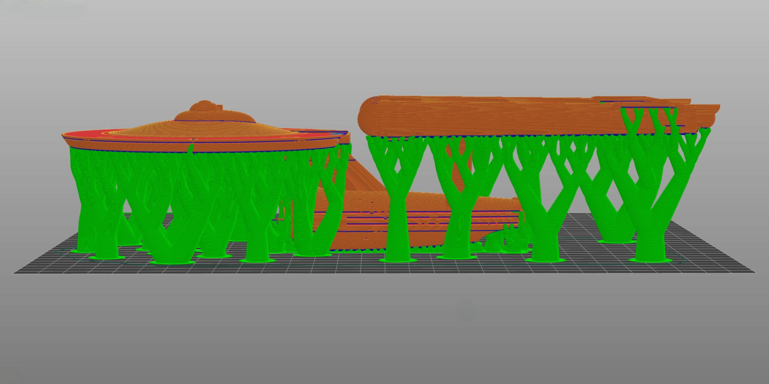 A screenshot of a Star Trek Enterprise class ship sliced in PrusaSlicer with organic supports.